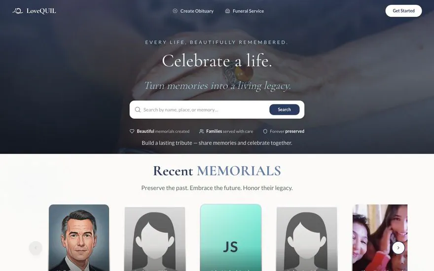 A walkthrough of LoveQUIL: searching for a loved one by name, opening their result, and exploring their memorial's bio, memories, life-journey map, gallery, and family